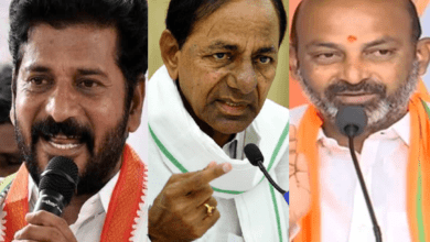 Image of Telangana CM Revanth Reddy, BRS president KCR and BJP Union minister Bandi Sanjay Kumar.
