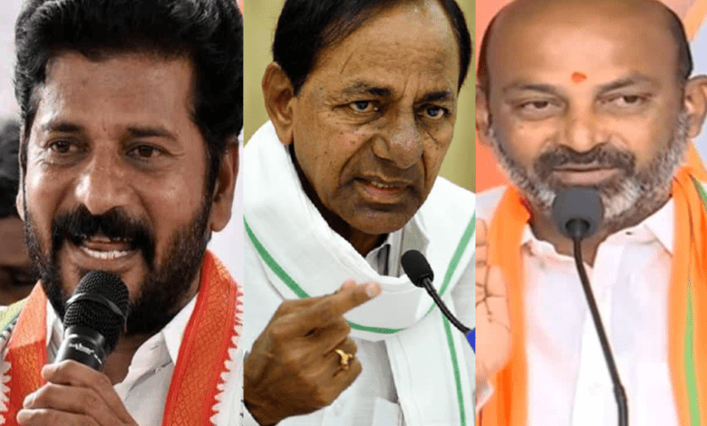 Image of Telangana CM Revanth Reddy, BRS president KCR and BJP Union minister Bandi Sanjay Kumar.