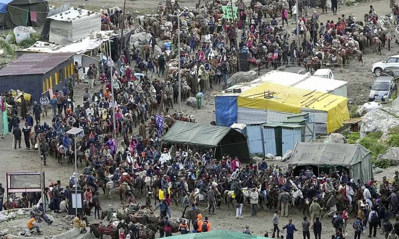 Baltal: Pilgrims on their way to the holy cave shrine of Amarnath at Baltal in Ganderbal district of central Kashmir, Saturday, July 1, 2023. The 62-day-long pilgrimage to the holy cave shrine of Amarnath began on Saturday from the twin tracks- the traditional track of Pahalgam in Anantnag district and the shorter track of Baltal in Ganderbal district. (PTI Photo/S. Irfan)