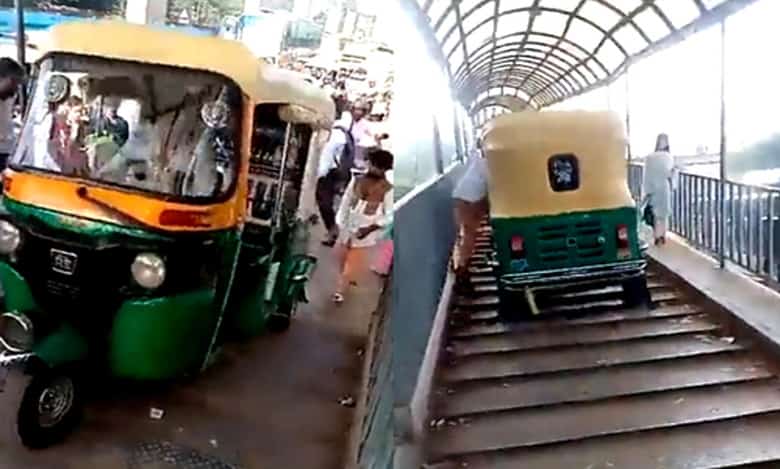 Delhi: Auto-rickshaw driver drives on Foot Over Bridge to escape traffic snarl