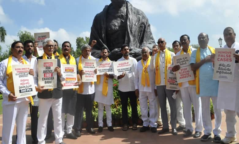 TDP MPs protest near Gandhi statue in Parliament over Chandrababu Naidu’s arrest