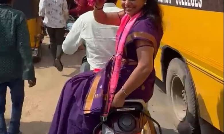 Watch: BRS’ Kavitha beats traffic with bike ride in Bodhan