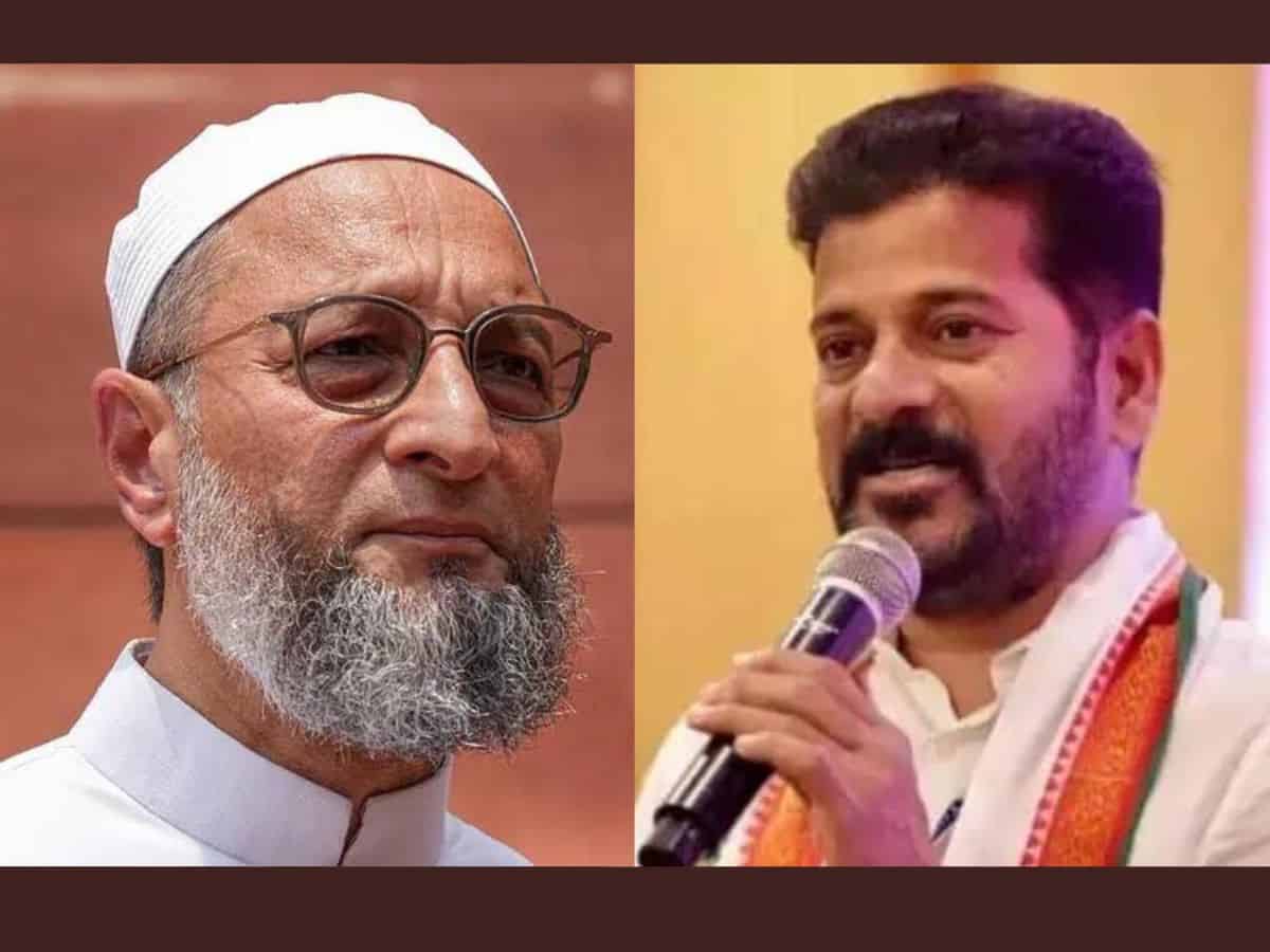 Hyderabad: AIMIM to support Congress for Jubilee Hills by-poll. Image of AIMIM chief Asaduddin Owaisi and Telangana CM Revanth Reddy.