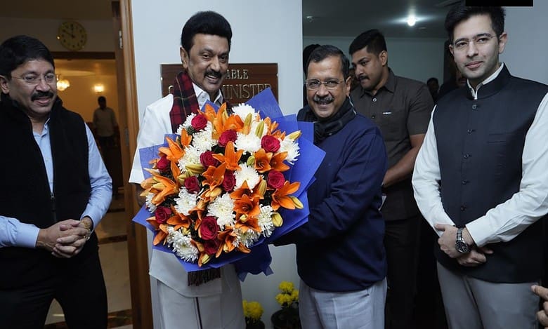 Stalin meets Kejriwal ahead of INDIA bloc meeting in New Delhi