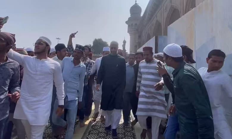 Hyderabad: Asaduddin Owaisi meets people after prayers at Makkah Masjid