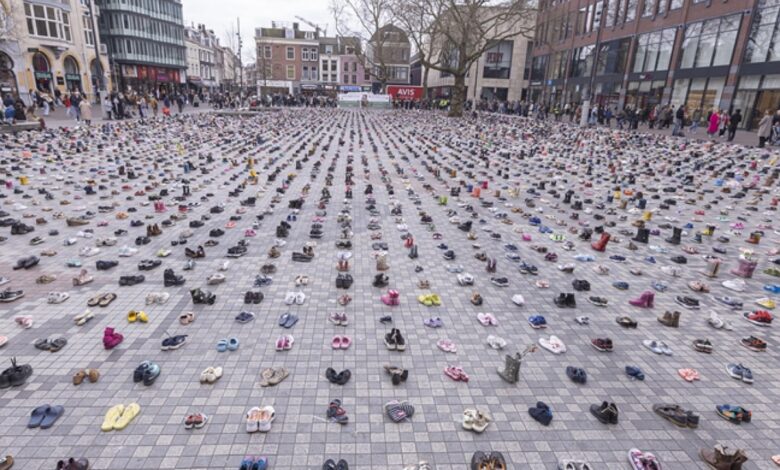 14,000 children shoes laid out in Netherlands in Gaza war protest
