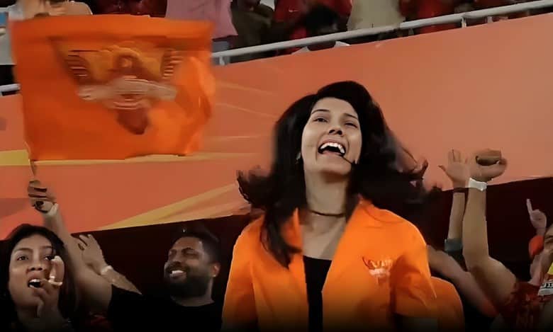 SRH co-owner Kavya Maran dances at Hyderabad's Uppal Stadium during IPL match