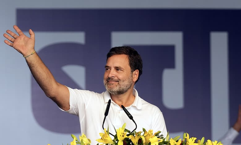 New Delhi: Congress leader Rahul Gandhi waves as he addresses I.N.D.I.A. bloc's 'Loktantra Bachao Rally' at Ramleela Maidan, in New Delhi, Sunday, March 31, 2024. (PTI Photo/Shahbaz Khan)