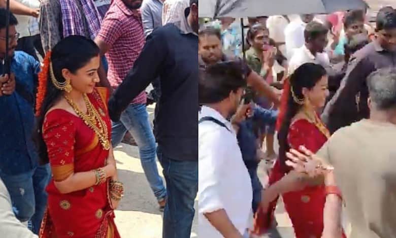 Rashmika Mandanna spotted in red saree, sindoor at temple