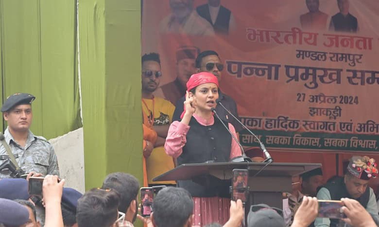 Bollywood actress Kangana Ranaut participates in a BJP rally at Kejri, Rampur.