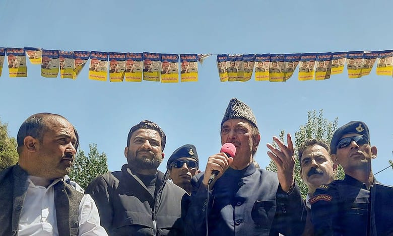 Democratic Progressive Azad Party chief Ghulam Nabi Azad addresses a public meeting ahead of Lok Sabha elections, at Banihal in Ramban district, Tuesday
