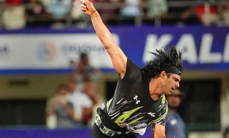 Neeraj Chopra makes a throw during the men's Javelin