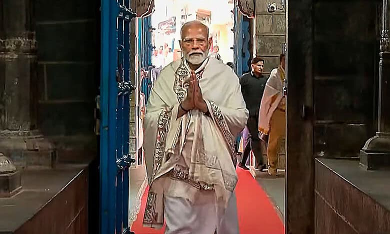 Prime Minister Narendra Modi arrives, in Kanyakumari