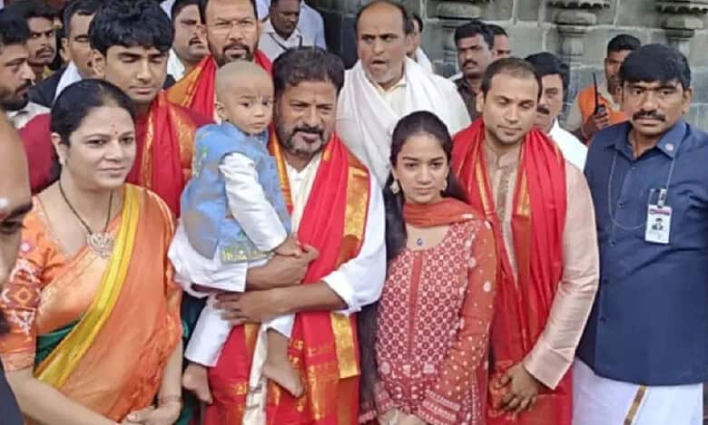 Revanth Reddy visits Lord Venkateshwara temple in Tirupathi along with his family and offers prayers on Wednesday.