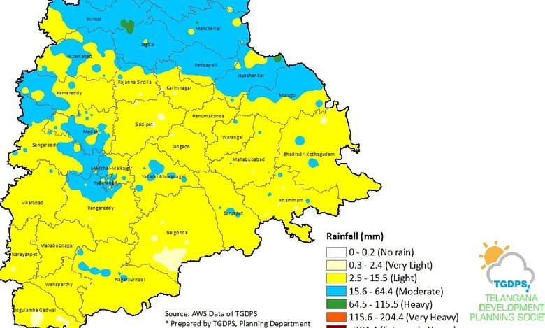 Telangana receives moderate to light rainfall on Saturday