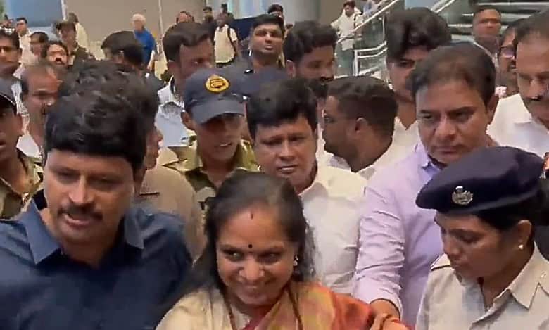 BRS MLC Kavitha arrives to grand welcome at Hyderabad airport