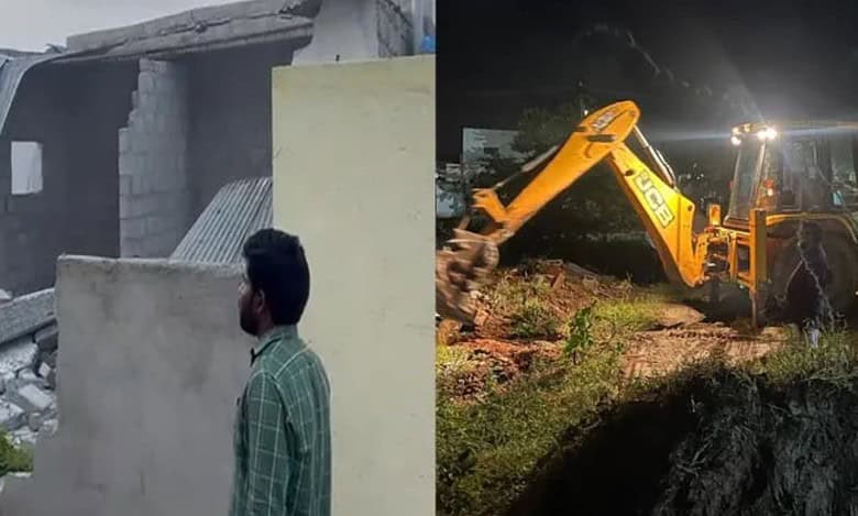 Revenue officials demolish 75 illegally constructed houses in Christianpally village in Mahabubnagar municipality on Wednesday night.