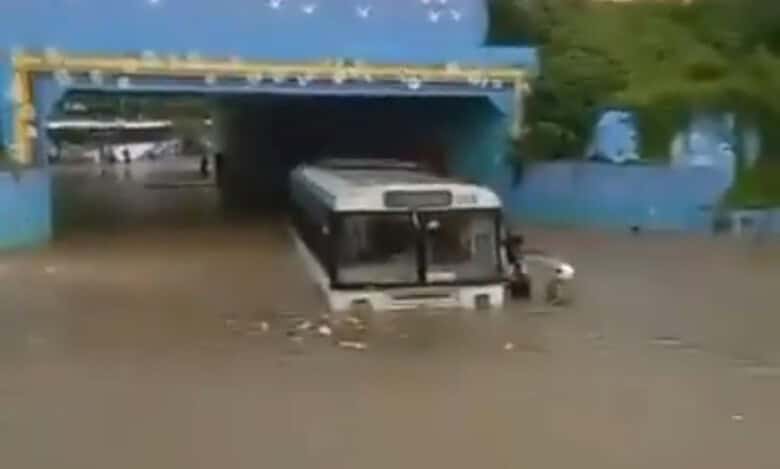 Telangana RTC bus stranded in flooded underpass