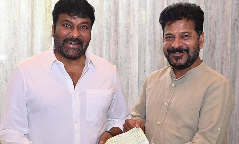Actor Chiranjeevi handed over a check of Rs. 50L to Telangana CM