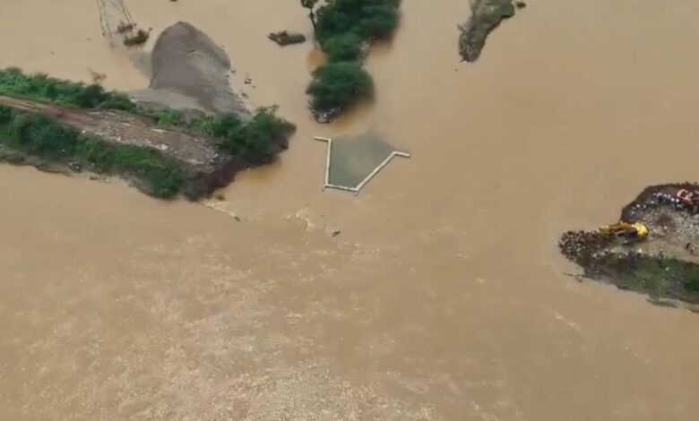 Aerial view of the Broken boulders in flood hit Vijayawada
