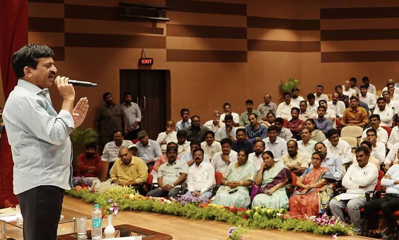 Revenue minister Ponguleti Srinivas Reddy interacts with selection grade deputy collectors and deputy collectors during an interactive session on Sunday.