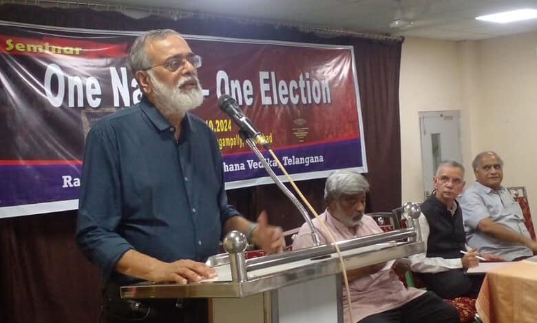 Prabir Purkayastha, editor-in-chief of NewsClick addresses "One Nation- One election" seminar at Sundarayya Vignana Kendram on Saturday.