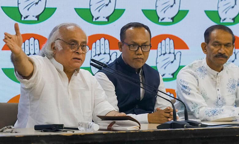 Congress General Secretary Jairam Ramesh and Manipur Congress President K Meghachandra address a press conference in New Delhi Monday