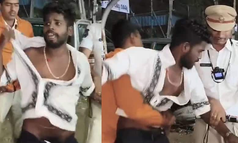 Video: Drunk man creates nuisance during vehicle check in Hyderabad