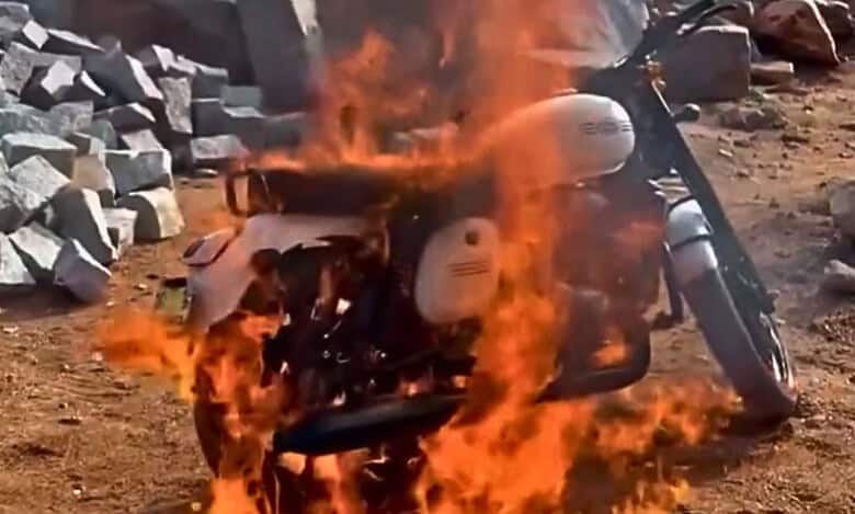 Telangana man sets Royal Enfield on fire
