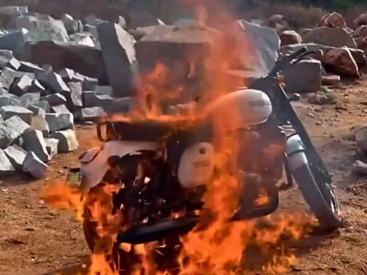 Telangana man sets Royal Enfield on fire