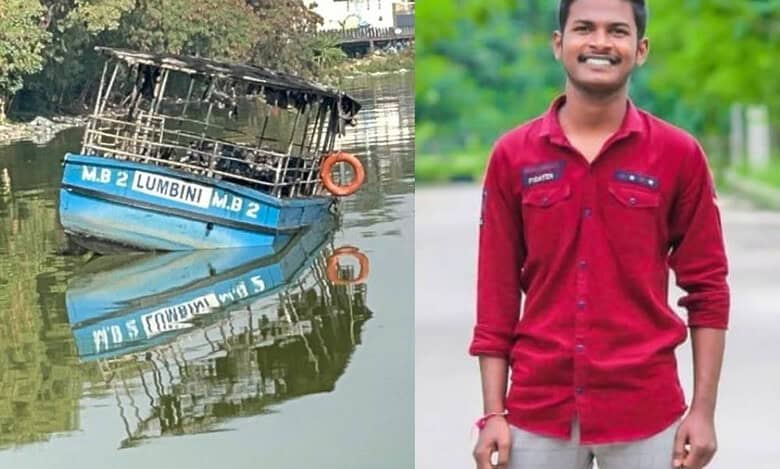Rescuers find the body of Ajay, the youngster who went missing after the Hussain Sagar boat fire accident on Sunday.