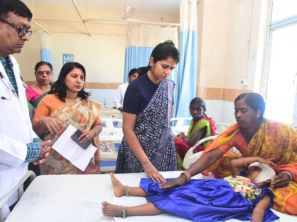 Sangareddy collector visits injured children from the Narayankhed anganwadi ceiling collapse.