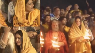 Katrina Kaif and Raveena Tandon attend the 'Ganga Aarti' during Maha Kumbh