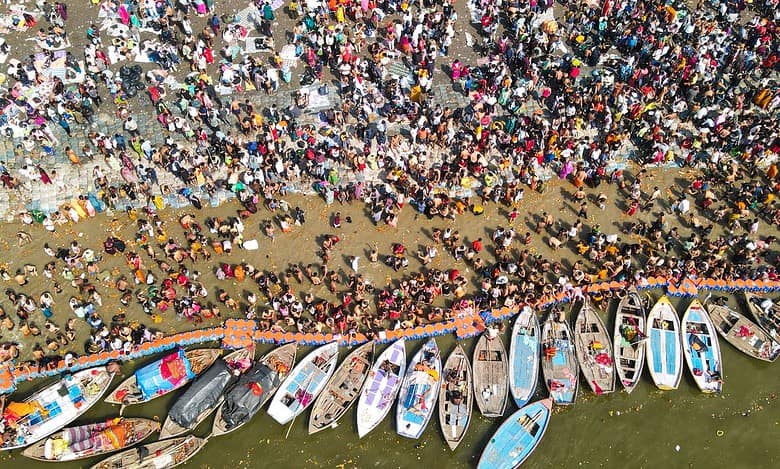 Devotees gather at the Sangam during the Maha Kumbh Mela 2025, in Prayagraj, Uttar Pradesh,