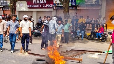 _Members of a right-wing group stage a protest over alleged vandalism at Tejaji temple