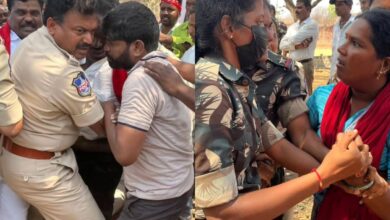 Protestors and police personnel at logger heads at Ramoji Film City for alleged land encroachment