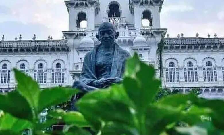View of the Telangana Assembly with Mahatma Gandhi statue