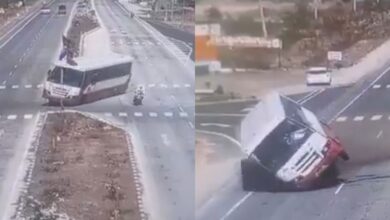 Video: Maharashtra state bus loses control after trying to overtake motorbike