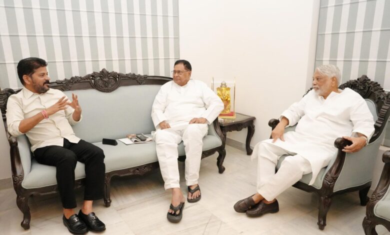 The image shows CM Revanth Reddy discussing 'Operation Kagaar' with senior Congress leaders in Hyderabad on Monday, April 28, 2025.