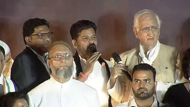 The image shows CM Revanth Reddy, Congress senior leader Salman Khurshid and AIMIM chief Asaduddin Owaisi at a candle-light rally held on the Necklace Road against Pahalgam terror attack on April 25, 2025.