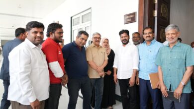 The image shows CM Revanth Reddy with the representatives of Telangana Gig and Platform Worker Unions on April 14, 2025.