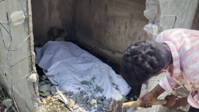 The image shows a fully decomposed body of a woman found inside a sump in Domalguda on April 21, 2025.