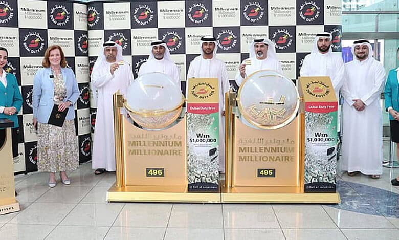 Dubai Duty Free officials and staff at the Millennium Millionaire Series 495 and 496 draw event at Dubai International Airport, where winners of the 1 million US dollars prize were announced.