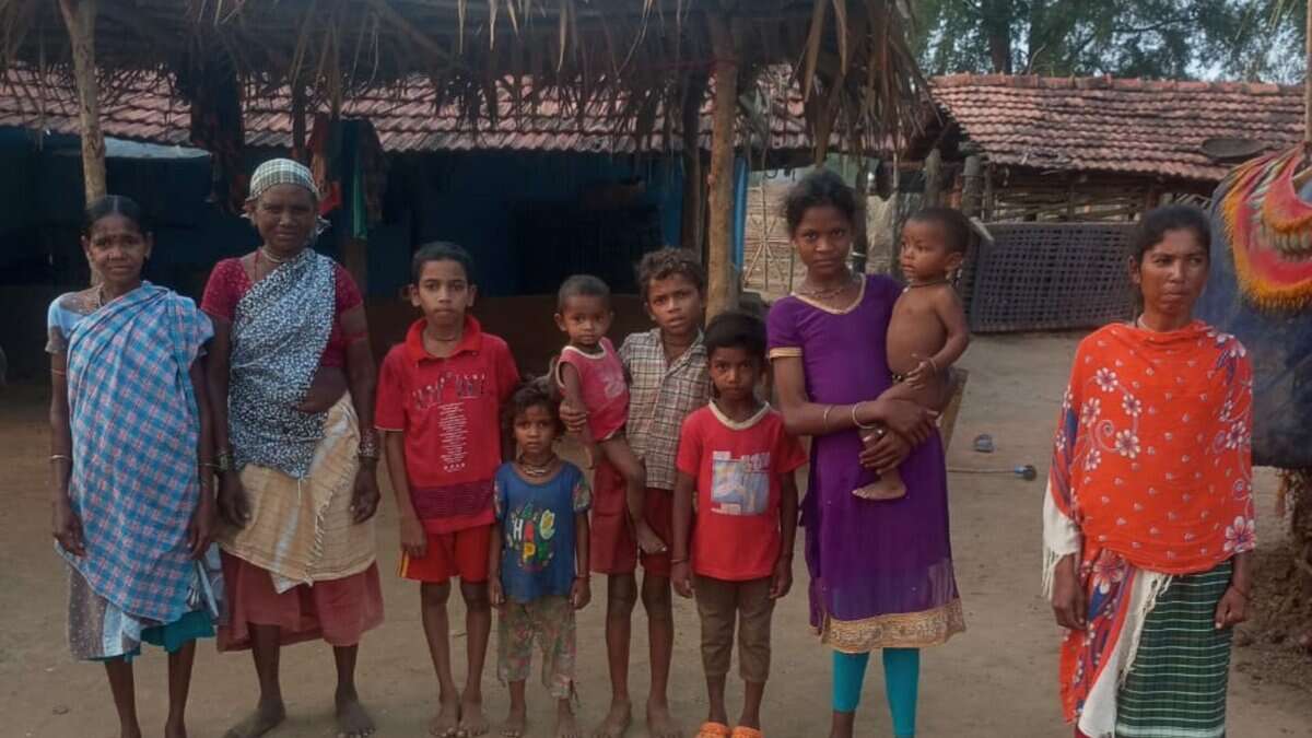 The image shows the Gothikoyas of Ramanakkapeta in Aswaraopeta mandal of Bhadradri-Kothagudem district, who were evicted from their agricultural lands a month ago.