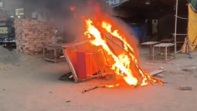 A cart is set on fire in Saha, Ambala, Haryana, during a protest against the Pahalgam attack.