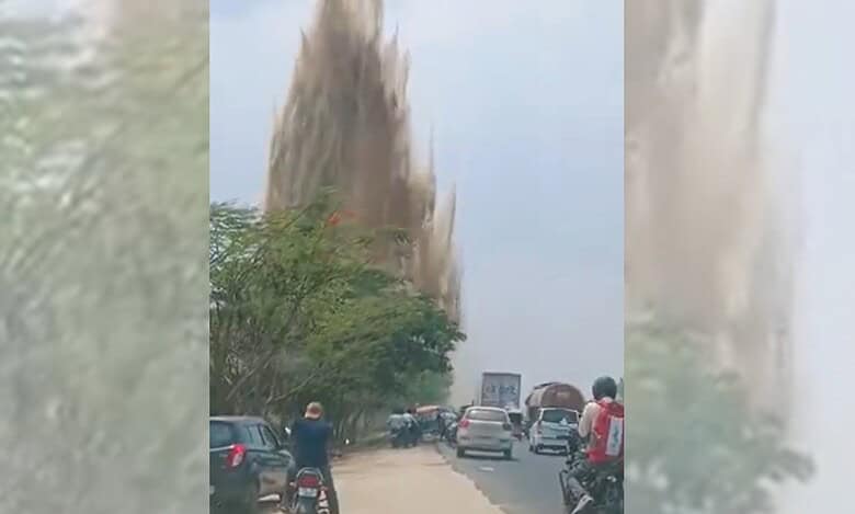 Manjeera pipeline, carrying water from Singur to the city, burst on Friday afternoon, April 18, in Peddapur village of Sangareddy district.