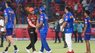 Mumbai Indians' co-owner Akash Ambani and players being greeted after the team won an Indian Premier League (IPL) 2025 cricket match against Sunrisers Hyderabad, in Hyderabad, Wednesday, April 23, 2025. (PTI Photo)