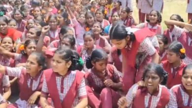 The image shows KGBV Nagarkurnool students protesting in their school, demanding the removal of their English teacher from service on April 15, 2025.