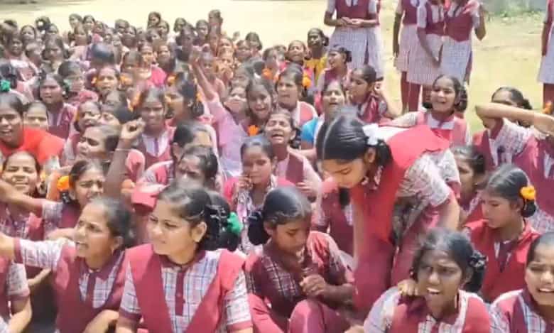 The image shows KGBV Nagarkurnool students protesting in their school, demanding the removal of their English teacher from service on April 15, 2025.