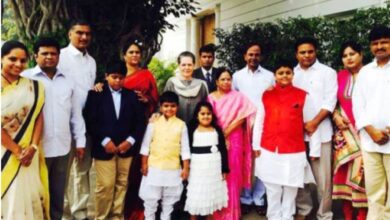 The image shows KCR's family members meeting the then UPA Chairperson Sonia Gandhi and thanking her for fulfilling the 60 year long aspirations of Telangana people in February 2014.